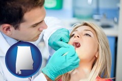 alabama map icon and a dentist examining teeth