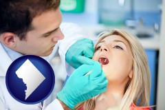 washington-dc map icon and a dentist examining teeth
