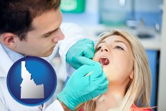 idaho map icon and a dentist examining teeth