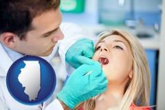 illinois map icon and a dentist examining teeth