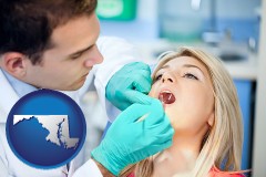 maryland map icon and a dentist examining teeth