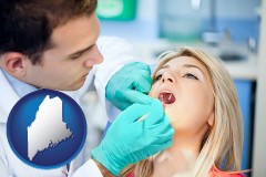 maine map icon and a dentist examining teeth