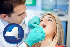a dentist examining teeth - with NY icon