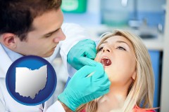 ohio map icon and a dentist examining teeth
