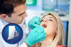 a dentist examining teeth - with Rhode Island icon