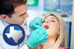 texas map icon and a dentist examining teeth