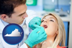 a dentist examining teeth - with Virginia icon