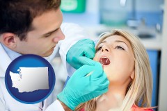 washington map icon and a dentist examining teeth