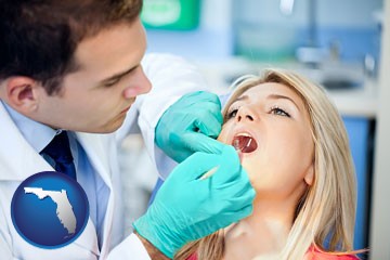 a dentist examining teeth - with Florida icon
