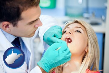 a dentist examining teeth - with West Virginia icon