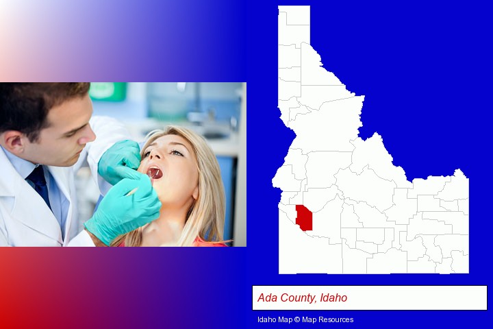 a dentist examining teeth; Ada County, Idaho highlighted in red on a map