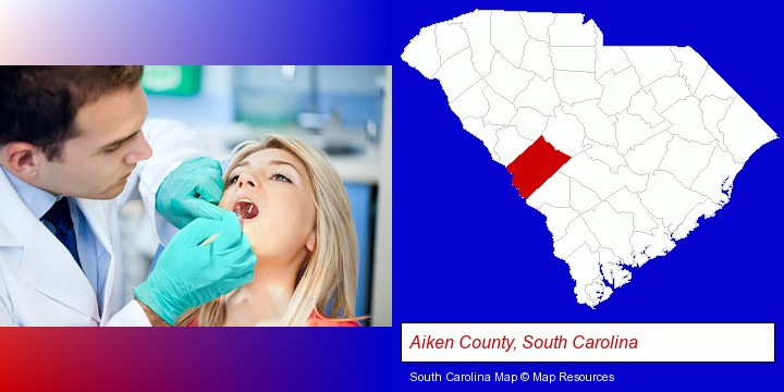a dentist examining teeth; Aiken County, South Carolina highlighted in red on a map