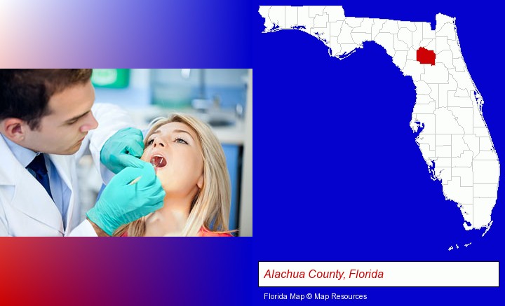 a dentist examining teeth; Alachua County, Florida highlighted in red on a map