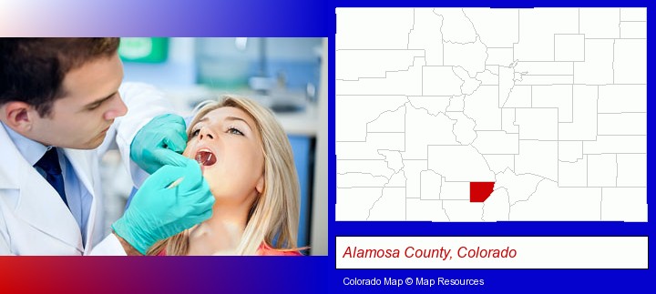a dentist examining teeth; Alamosa County, Colorado highlighted in red on a map