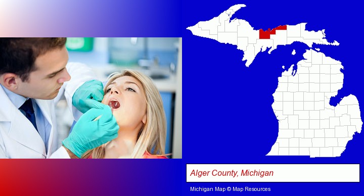 a dentist examining teeth; Alger County, Michigan highlighted in red on a map