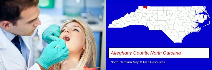 a dentist examining teeth; Alleghany County, North Carolina highlighted in red on a map