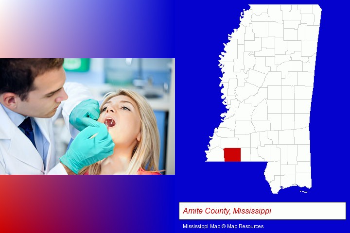 a dentist examining teeth; Amite County, Mississippi highlighted in red on a map