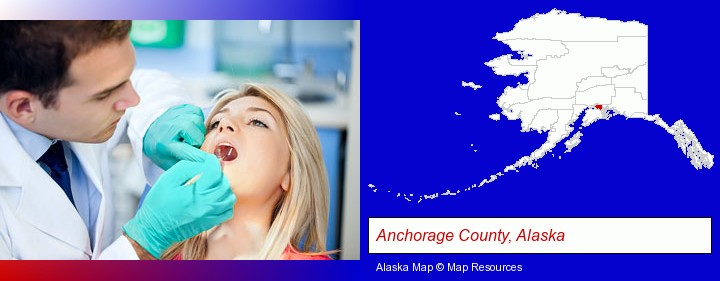 a dentist examining teeth; Anchorage County, Alaska highlighted in red on a map