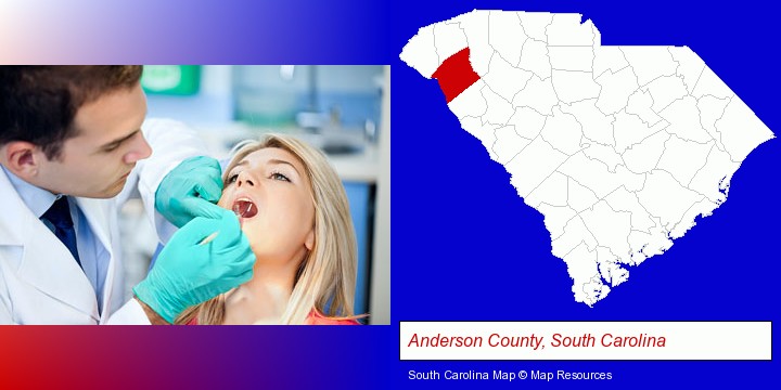 a dentist examining teeth; Anderson County, South Carolina highlighted in red on a map