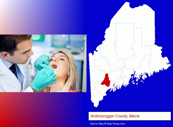 a dentist examining teeth; Androscoggin County, Maine highlighted in red on a map