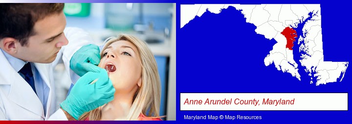 a dentist examining teeth; Anne Arundel County, Maryland highlighted in red on a map