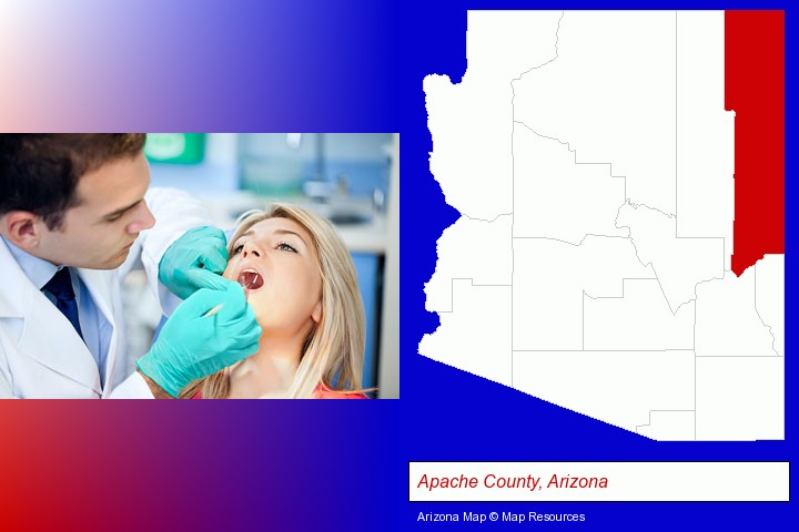 a dentist examining teeth; Apache County, Arizona highlighted in red on a map