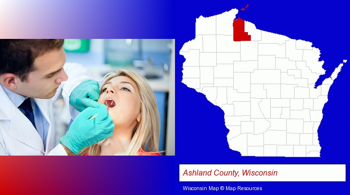 a dentist examining teeth; Ashland County, Wisconsin highlighted in red on a map