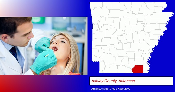 a dentist examining teeth; Ashley County, Arkansas highlighted in red on a map
