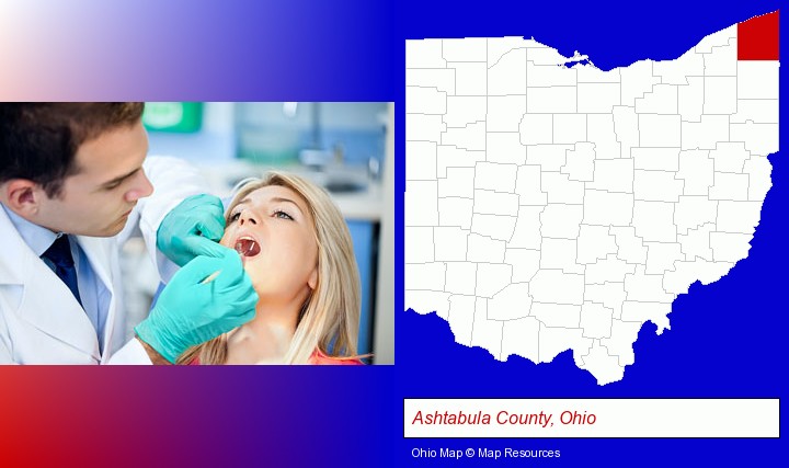 a dentist examining teeth; Ashtabula County, Ohio highlighted in red on a map