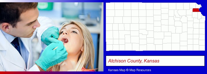 a dentist examining teeth; Atchison County, Kansas highlighted in red on a map