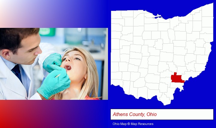 a dentist examining teeth; Athens County, Ohio highlighted in red on a map