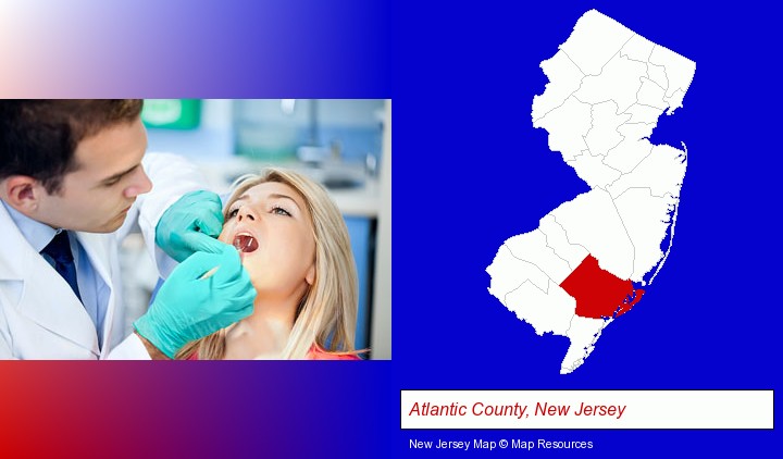 a dentist examining teeth; Atlantic County, New Jersey highlighted in red on a map