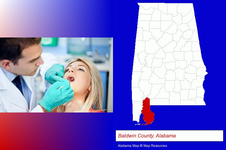 a dentist examining teeth; Baldwin County, Alabama highlighted in red on a map