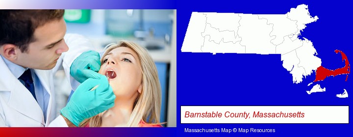 a dentist examining teeth; Barnstable County, Massachusetts highlighted in red on a map