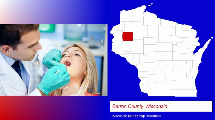 a dentist examining teeth; Barron County, Wisconsin highlighted in red on a map