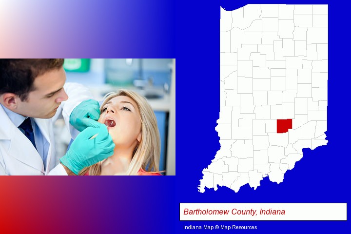 a dentist examining teeth; Bartholomew County, Indiana highlighted in red on a map