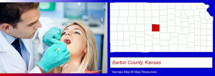 a dentist examining teeth; Barton County, Kansas highlighted in red on a map