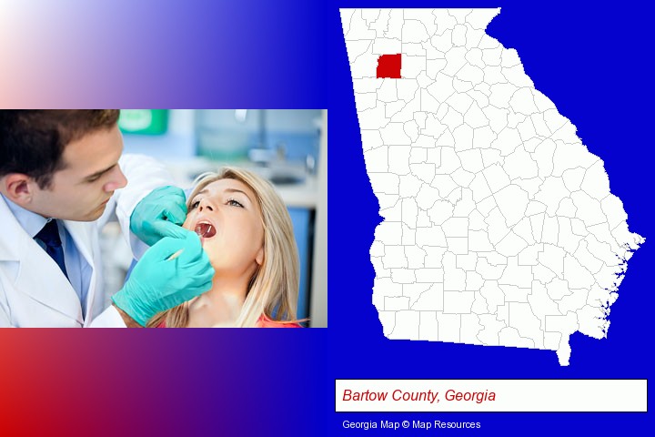 a dentist examining teeth; Bartow County, Georgia highlighted in red on a map