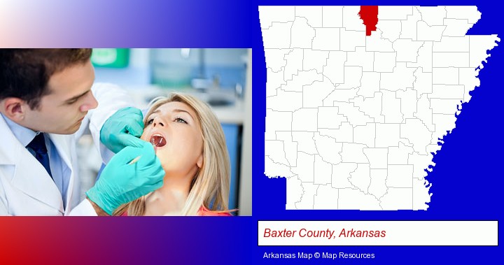 a dentist examining teeth; Baxter County, Arkansas highlighted in red on a map