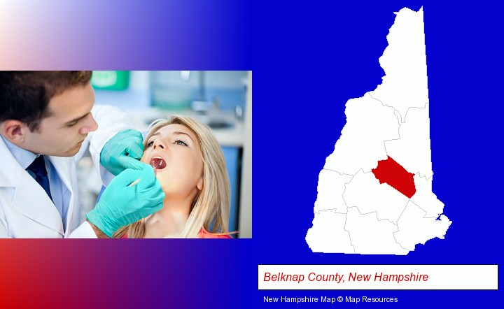 a dentist examining teeth; Belknap County, New Hampshire highlighted in red on a map