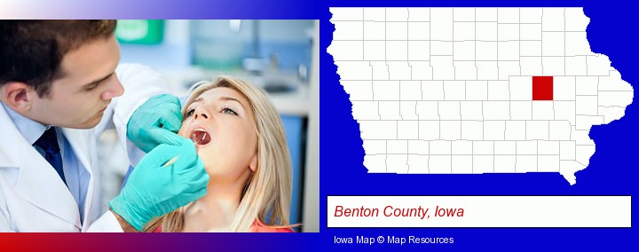 a dentist examining teeth; Benton County, Iowa highlighted in red on a map