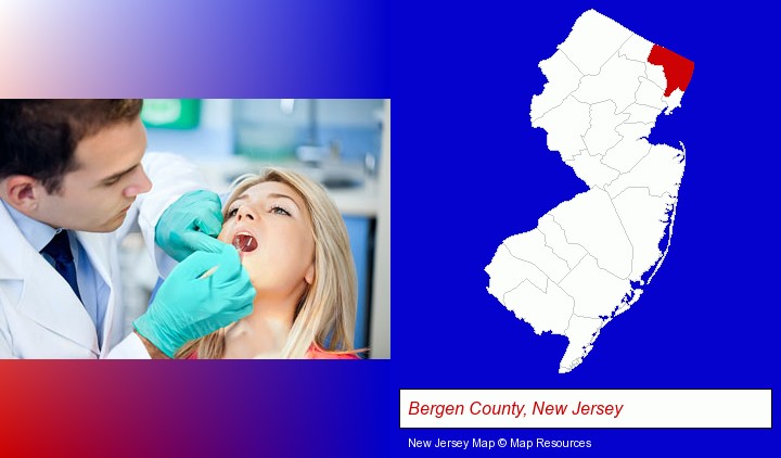 a dentist examining teeth; Bergen County, New Jersey highlighted in red on a map