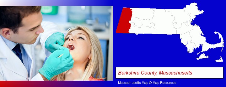 a dentist examining teeth; Berkshire County, Massachusetts highlighted in red on a map