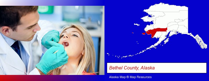 a dentist examining teeth; Bethel County, Alaska highlighted in red on a map