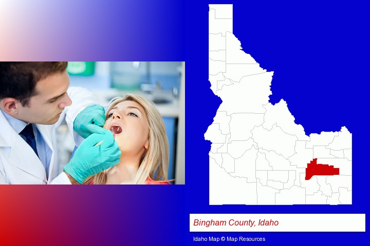 a dentist examining teeth; Bingham County, Idaho highlighted in red on a map