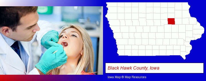 a dentist examining teeth; Black Hawk County, Iowa highlighted in red on a map