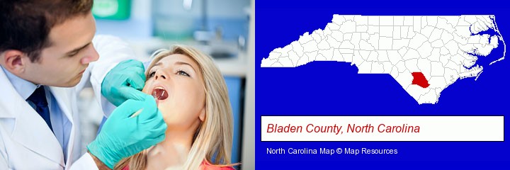a dentist examining teeth; Bladen County, North Carolina highlighted in red on a map