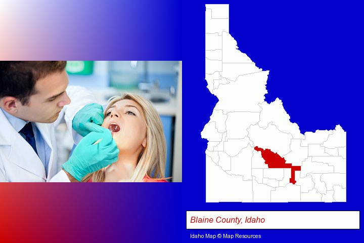 a dentist examining teeth; Blaine County, Idaho highlighted in red on a map