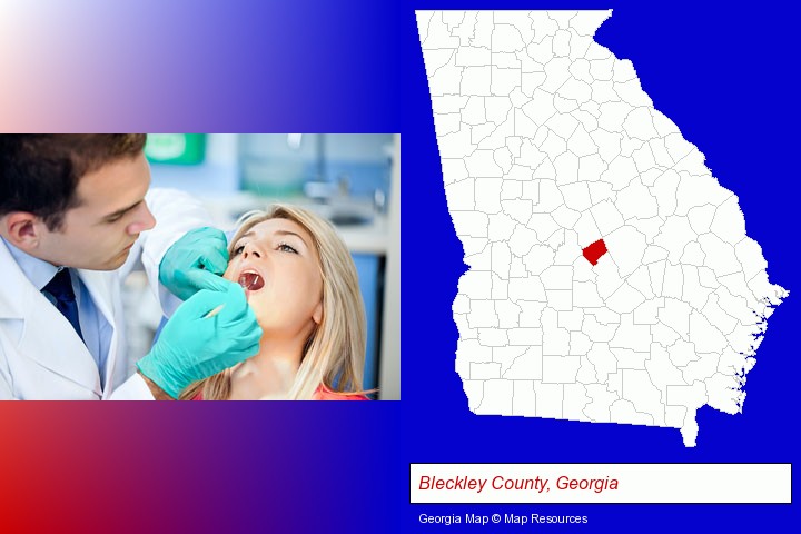 a dentist examining teeth; Bleckley County, Georgia highlighted in red on a map