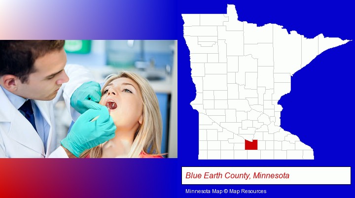 a dentist examining teeth; Blue Earth County, Minnesota highlighted in red on a map